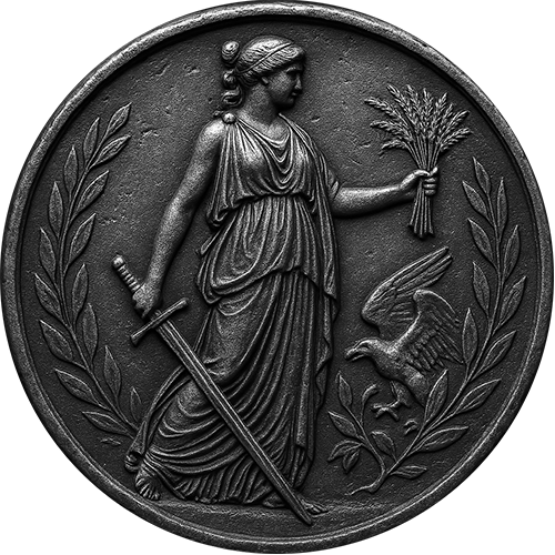 Dark metal emblem featuring a robed female figure holding a sword and wheat, alongside an eagle within a wreath.