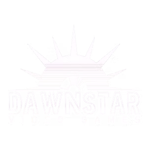 Dawnstar Video Games logo rendered in white, featuring a stylized sunrise icon.