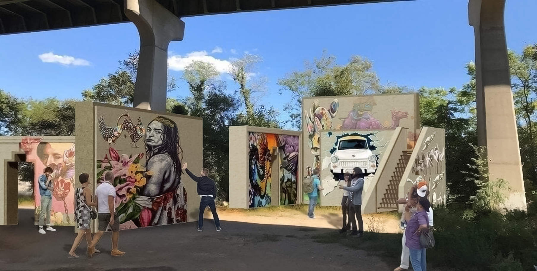 Rendering of the Manchester Art Park under the bridge, featuring visitors viewing colorful murals on freestanding walls.
