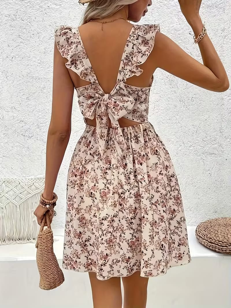 Vestido Elegante de Mujer con Estampado, Espalda Descubierta y Lazo 3