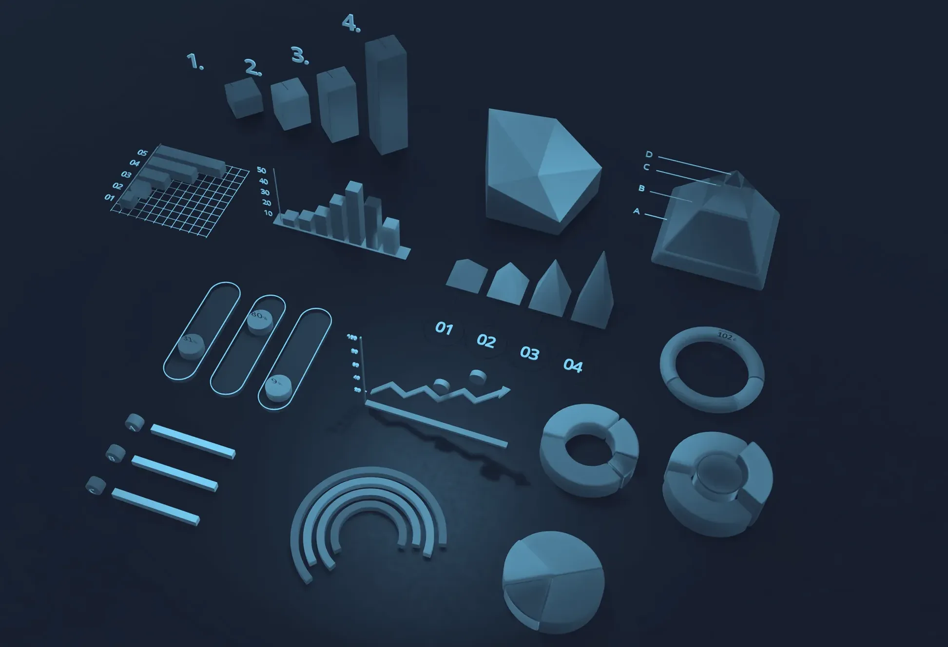 3D render of various charts and graphs