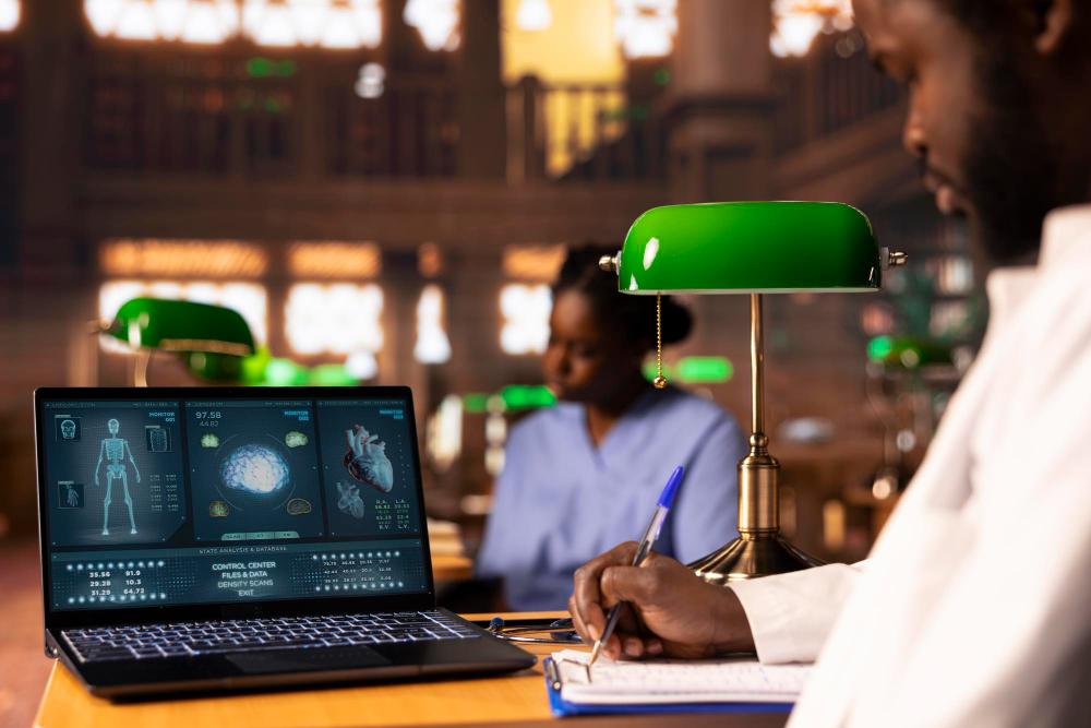 Team of diverse African technology professionals collaborating on healthcare AI solutions in modern office with multiple computer screens