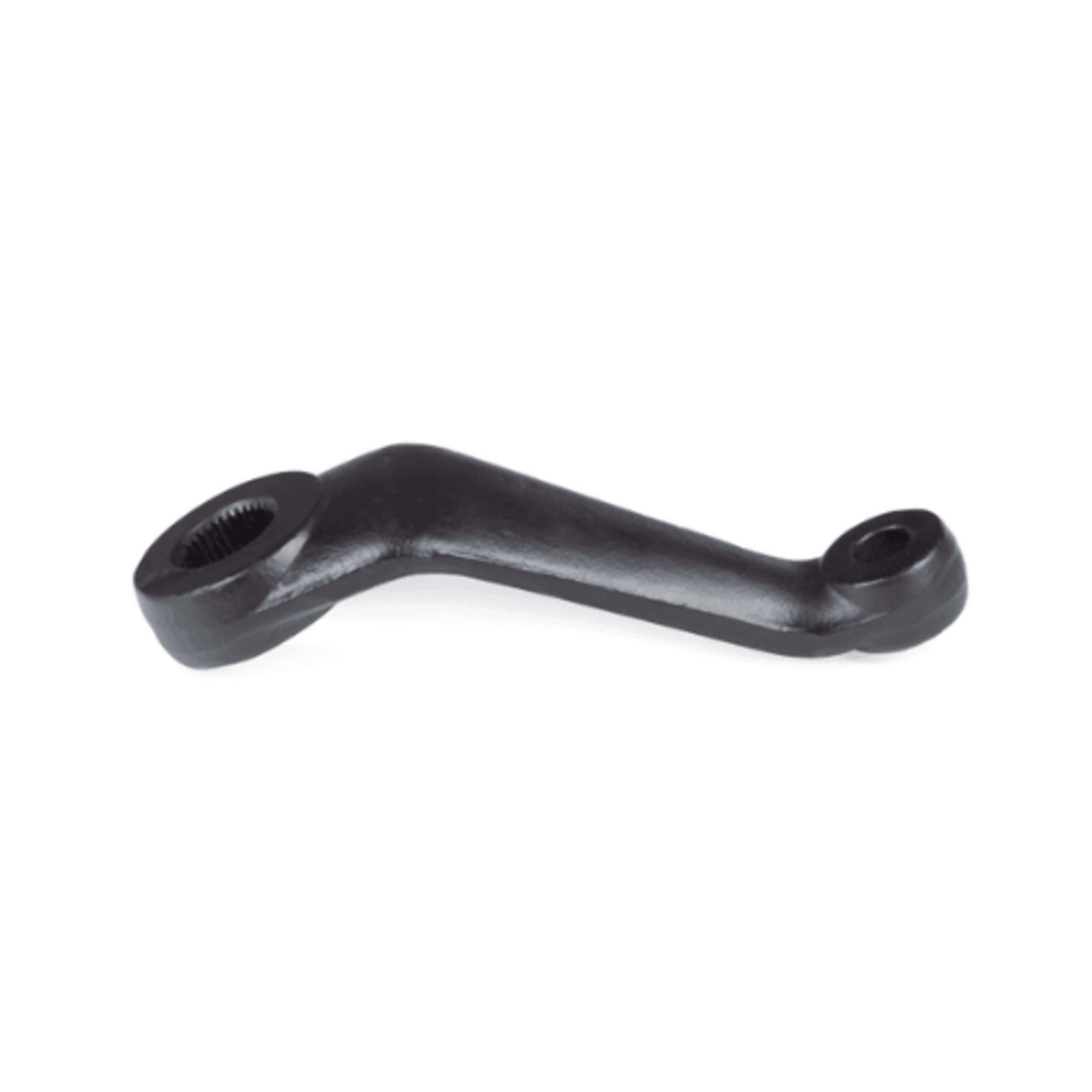 Side view of the black forged steel drop pitman arm used for Ford high steer Dana 44 configurations.