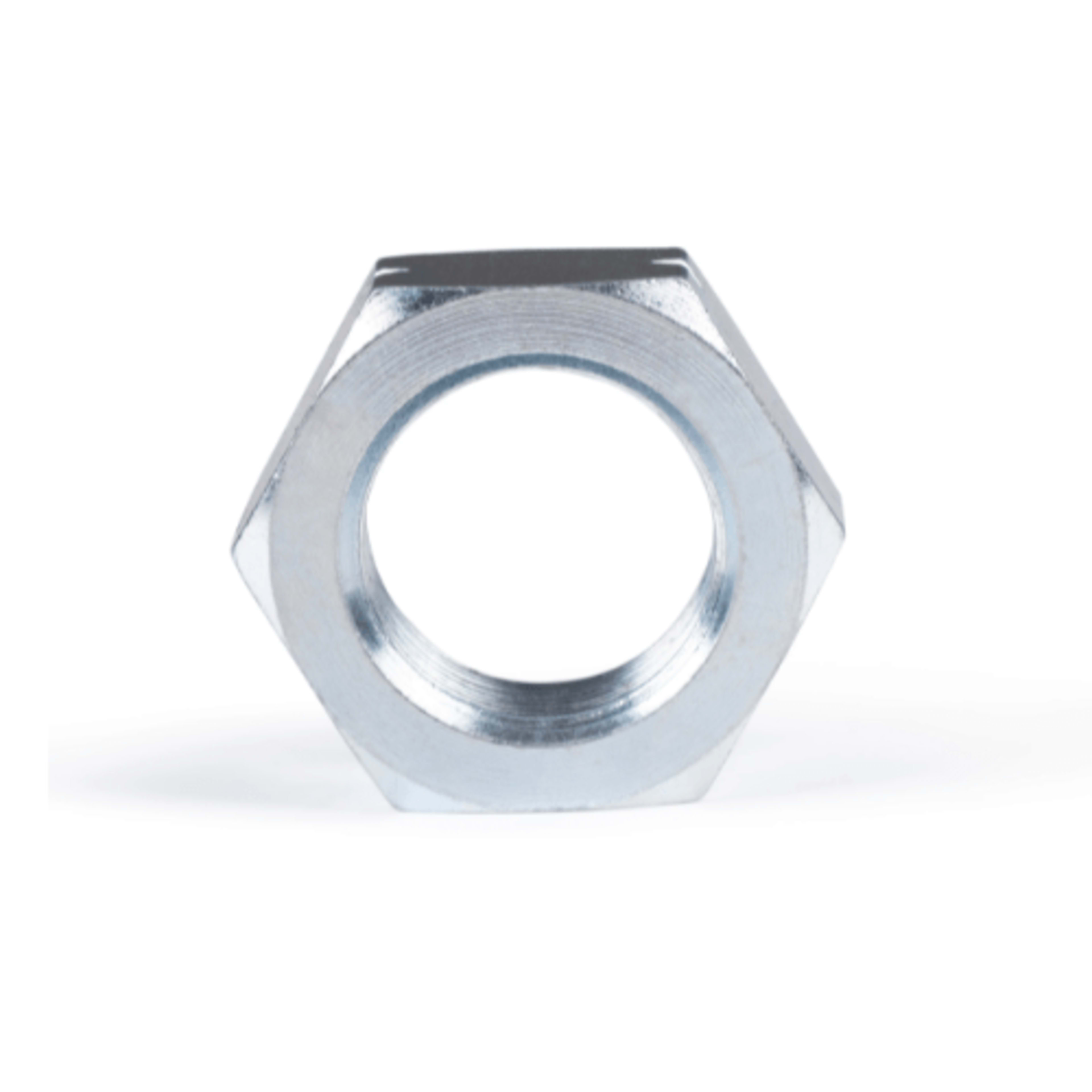 Vertical front-facing view of the zinc-plated 7/8-18 TPI left-hand jam nut designed for 1-ton GM/Chevy tie rods.