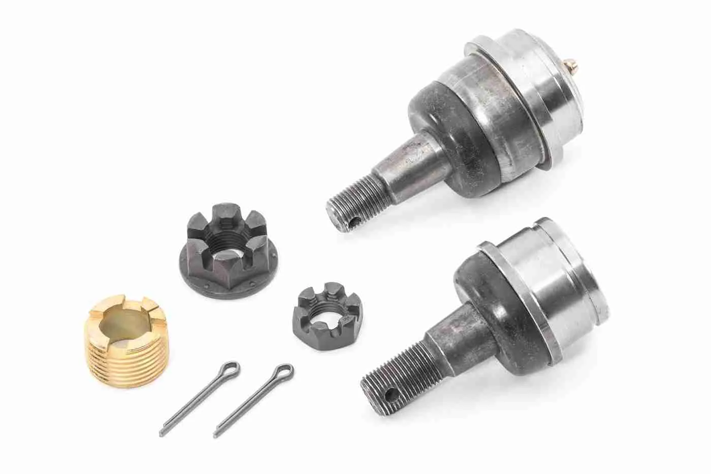Dana 30 and Dana 44 upper and lower ball joint set with hardware for Jeep Wrangler, Cherokee, Comanche, and Grand Cherokee front axle applications.