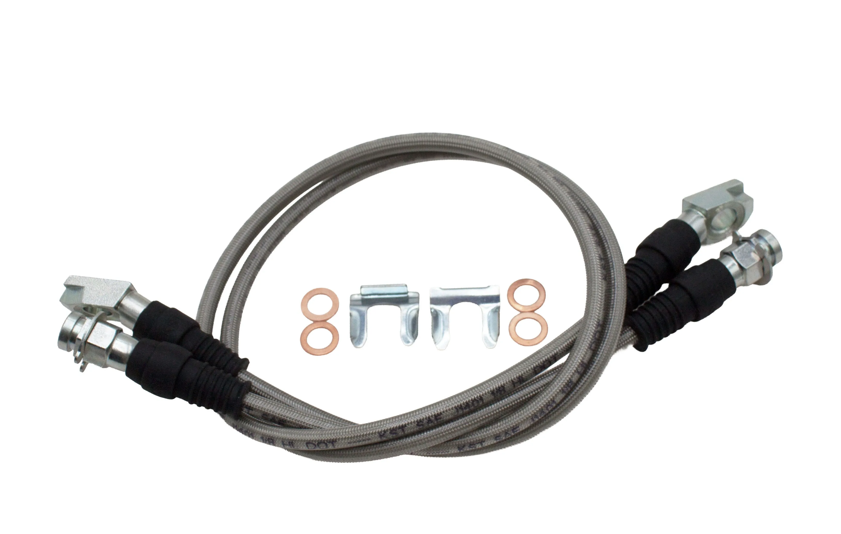 26 inch steel braided front brake line kit with banjo fittings and hardware for Dana 60 kingpin disc brake conversions by East West Off Road