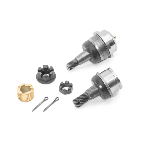 Dana 30 and Dana 44 upper and lower ball joint set with hardware for Jeep Wrangler, Cherokee, Comanche, and Grand Cherokee front axle applications.