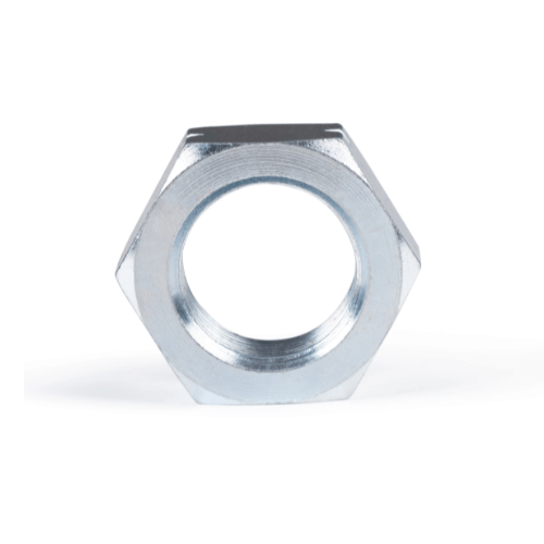 Vertical front-facing view of the zinc-plated 7/8-18 TPI left-hand jam nut designed for 1-ton GM/Chevy tie rods.