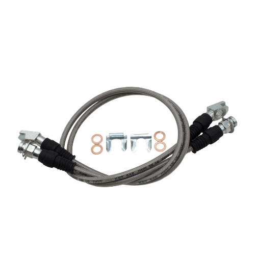 26 inch steel braided front brake line kit with banjo fittings and hardware for Dana 60 kingpin disc brake conversions by East West Off Road.