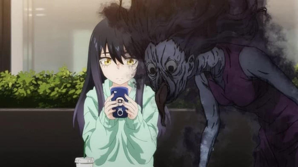 Mieruko-chan spirit looming over Miko
