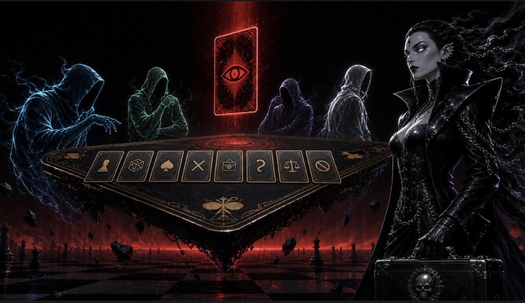 High stakes psychological death game table with hooded observers