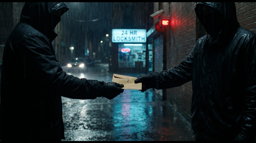 Clandestine exchange between two hooded figures in rain at night