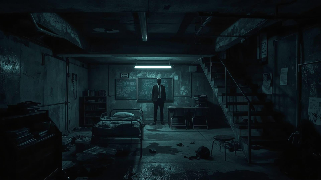Dark underground chamber with mysterious silhouette