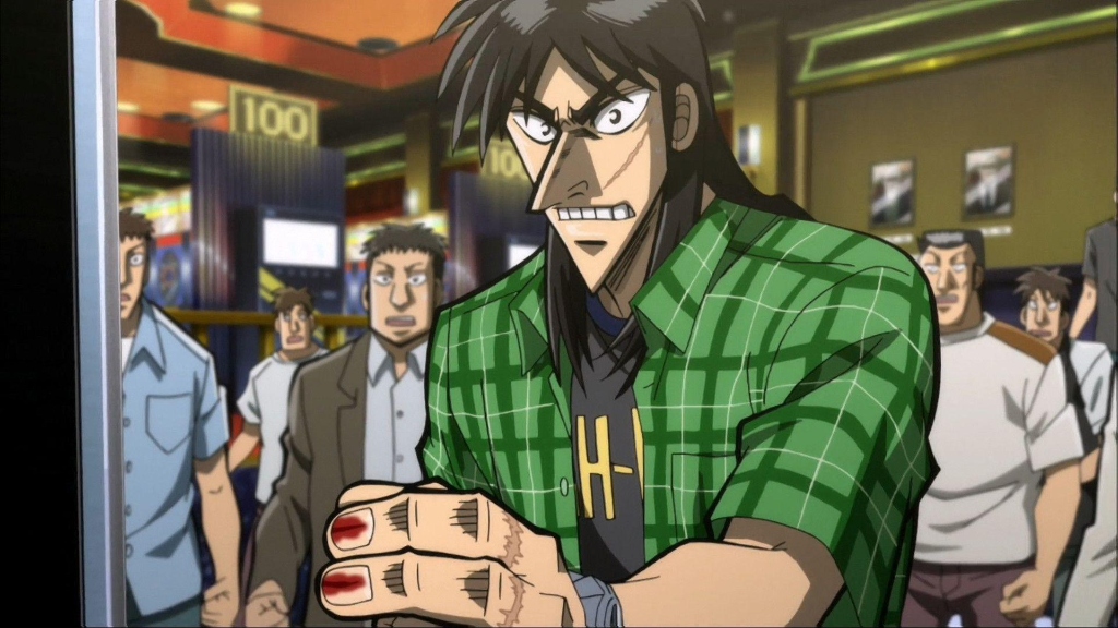Kaiji Itou with bloody fingers at the Bog pachinko machine