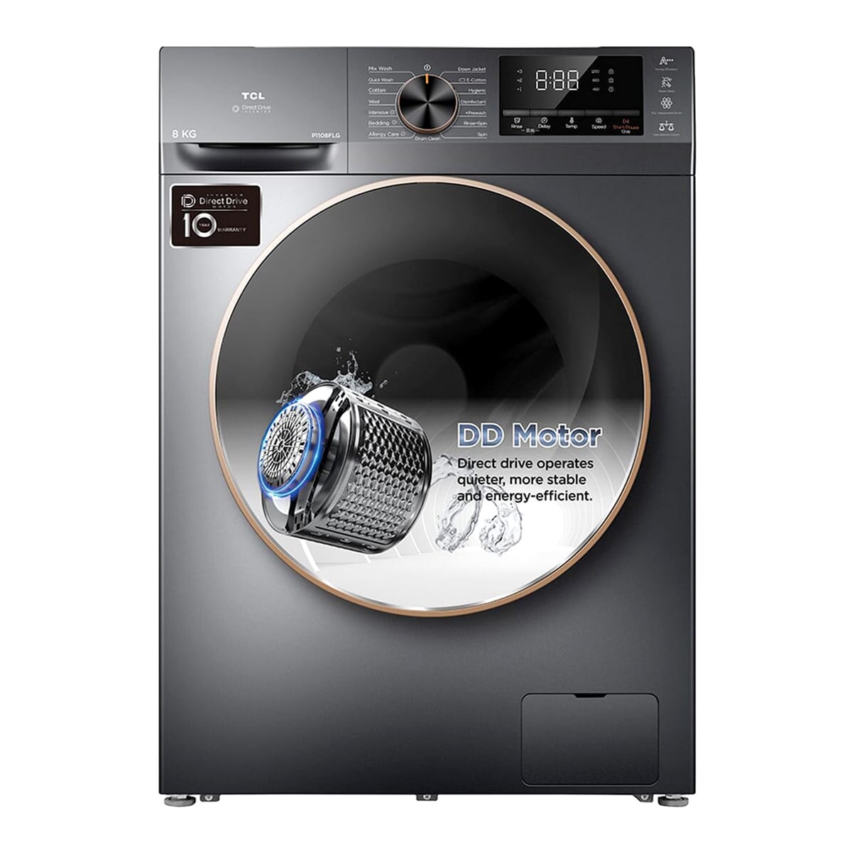 TCL 8kg Front Load Washing Machine – Model P1108FLG | Inverter Motor, Quick Wash & Smart Cleaning