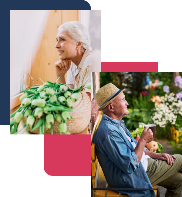 A smiling woman in her sixties with a basket of tulips, and a man in a straw hat enjoying a coffee in a garden