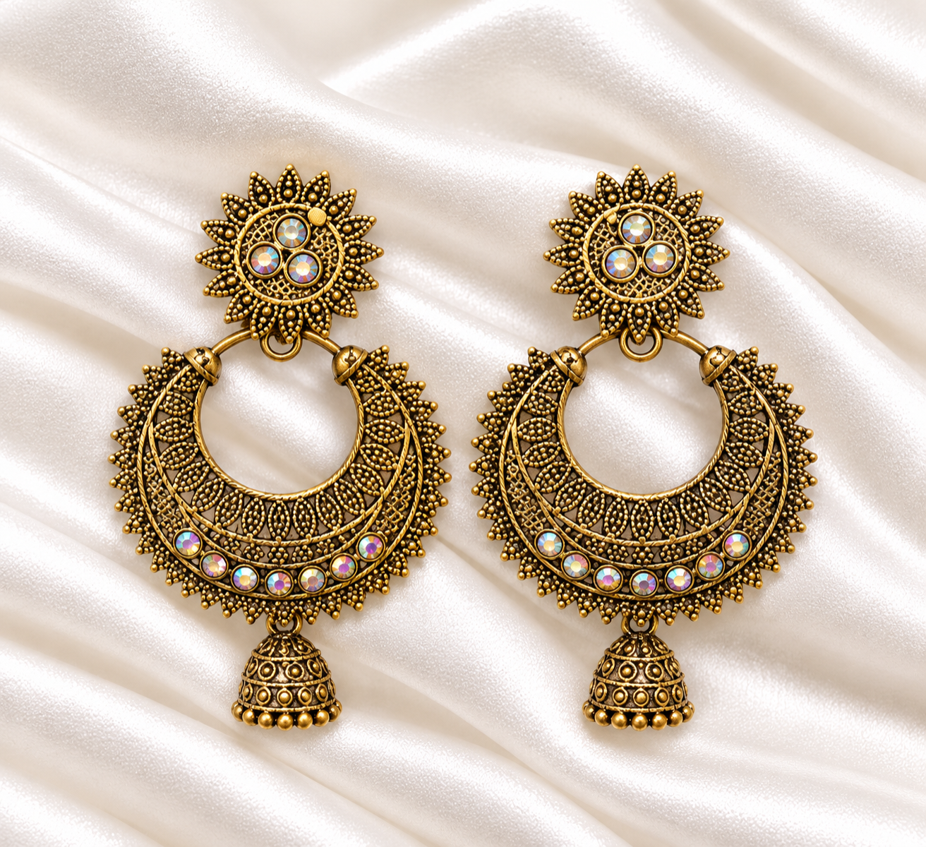 Antique Gold Chandbali Jhumka Earrings with Multicolour Stones