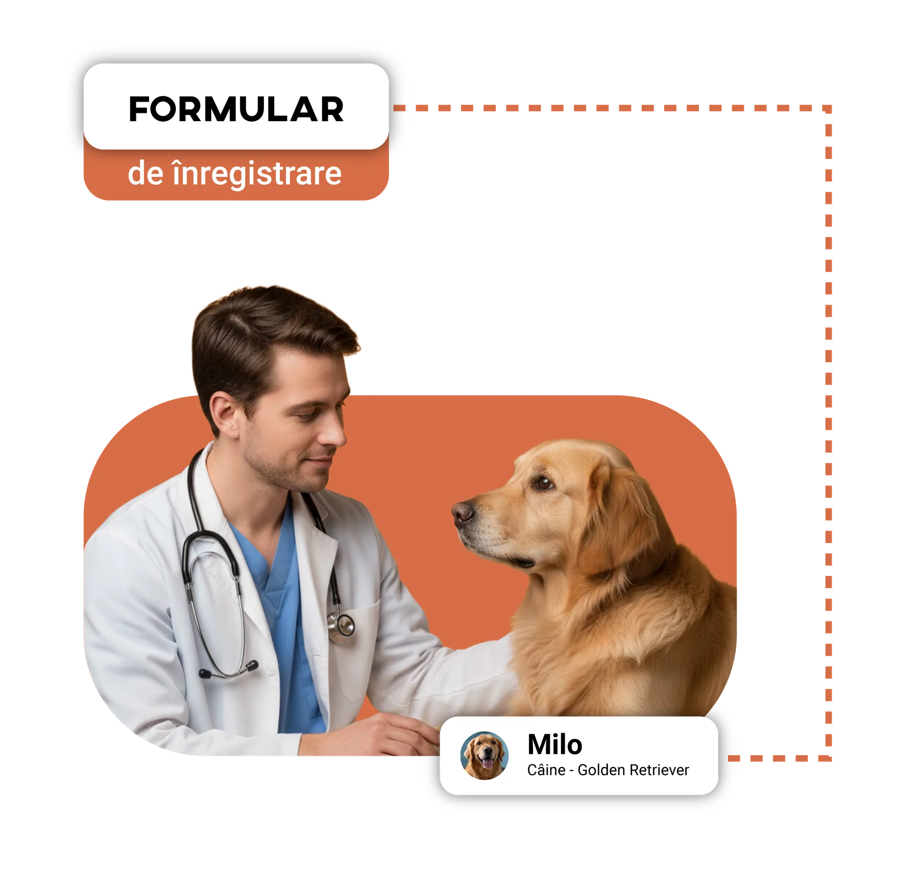 Medic veterinar în halat alb examinând un câine Golden Retriever, lângă cardul pacientului Milo.