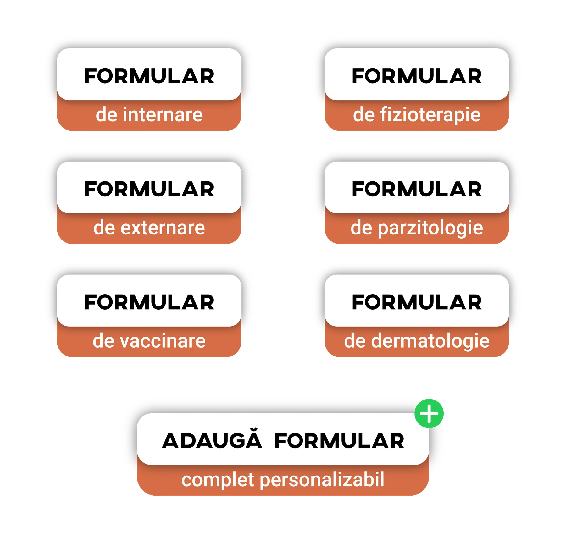 Grilă cu tipuri de formulare veterinare: de internare, de fizioterapie, de externare, de parazitologie, de vaccinare și de dermatologie.
