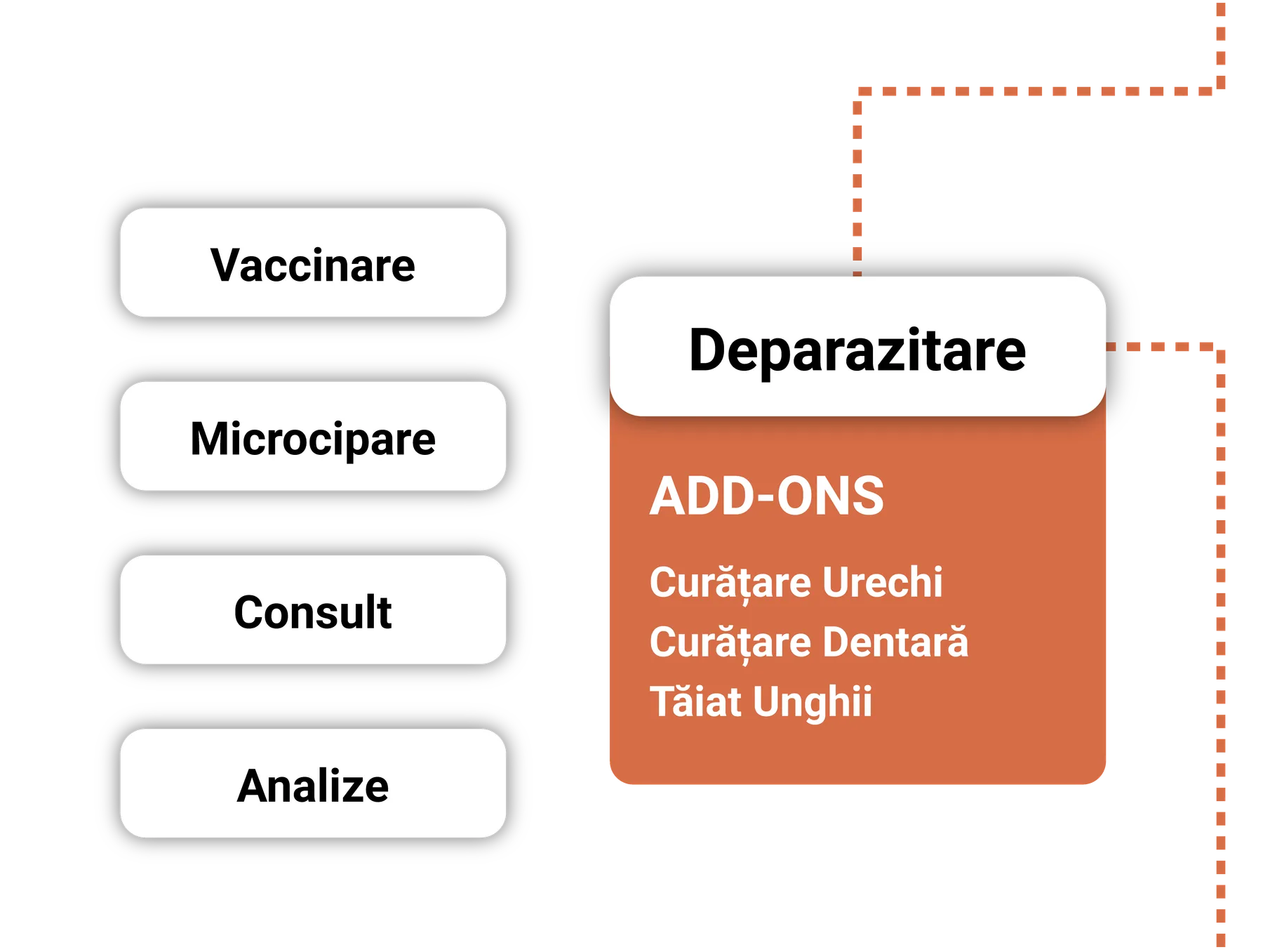 Listă de servicii veterinare sub formă de etichete — Vaccinare, Microcipare, Consult, Analize — alături de un card Deparazitare cu add-on-uri.