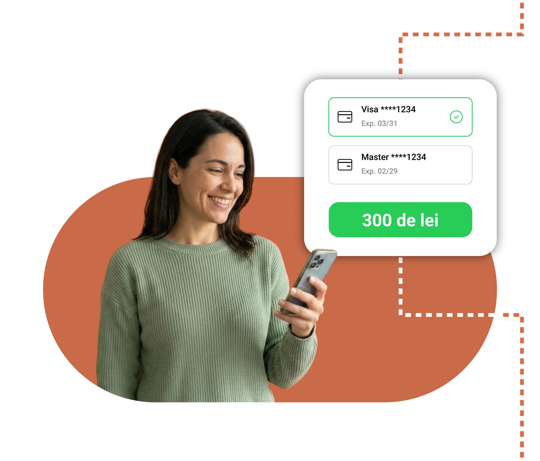 Femeie zâmbind cu telefonul în mână și un card de plată online care afișează butonul de 300 de lei.