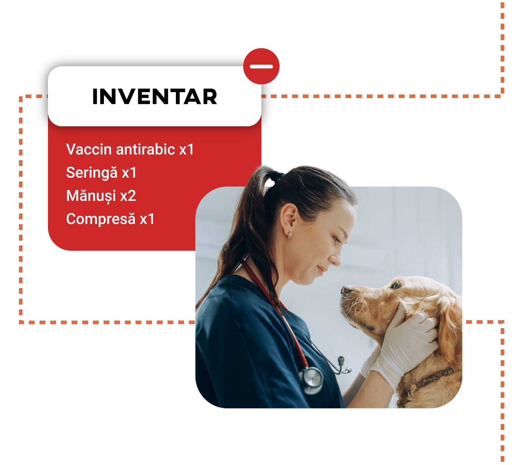 Notificare roșie de stoc scăzut automat, lângă o medic veterinar care mângâie un golden retriever.