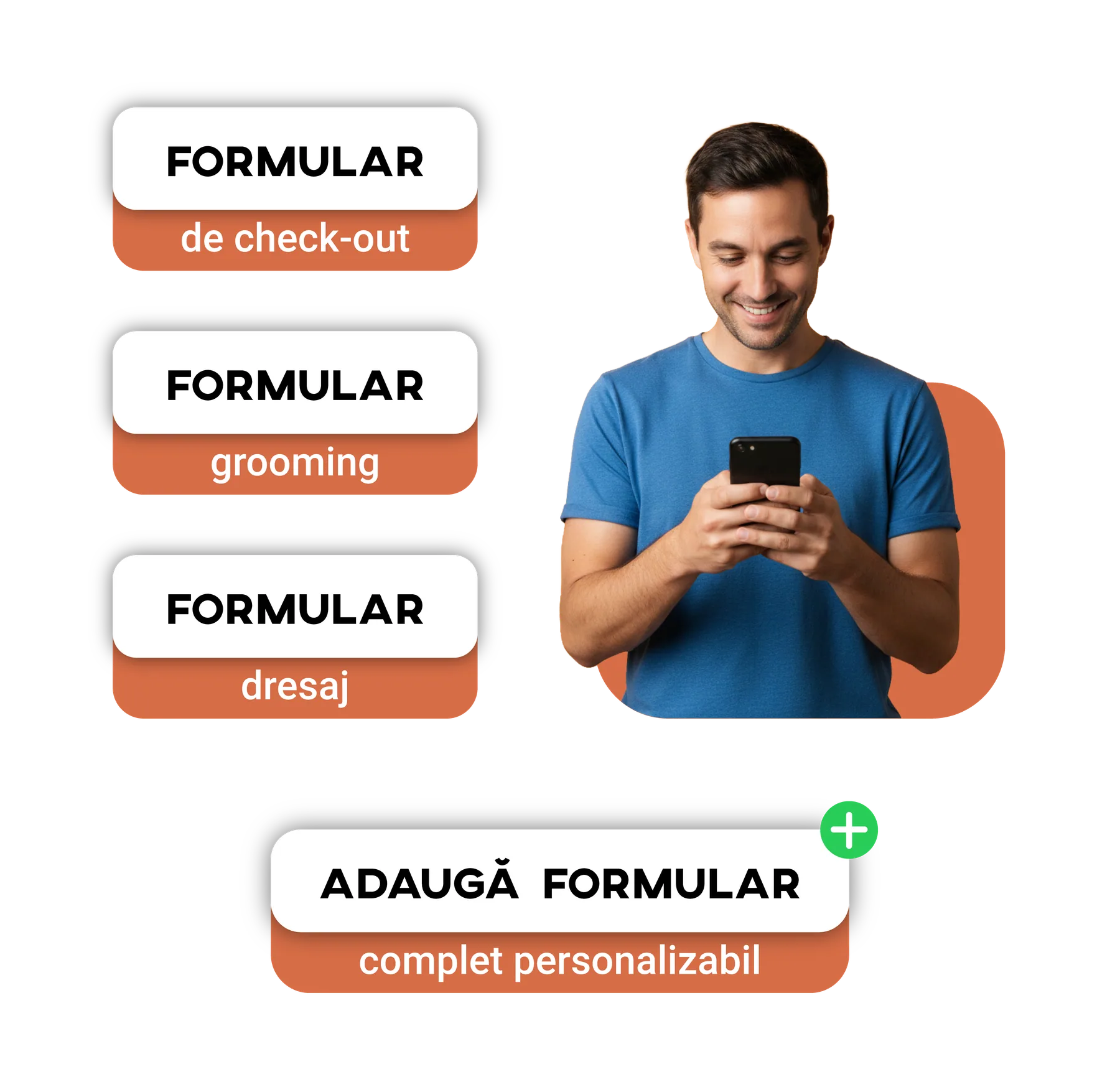 Bărbat în tricou albastru completând un formular pe telefon, lângă lista tipurilor de formulare disponibile