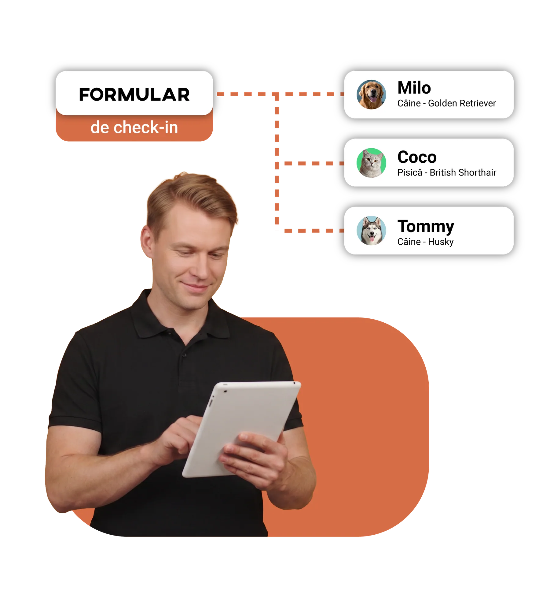Recepționer în polo negru făcând check-in pe tabletă pentru oaspeții Milo, Coco și Tommy