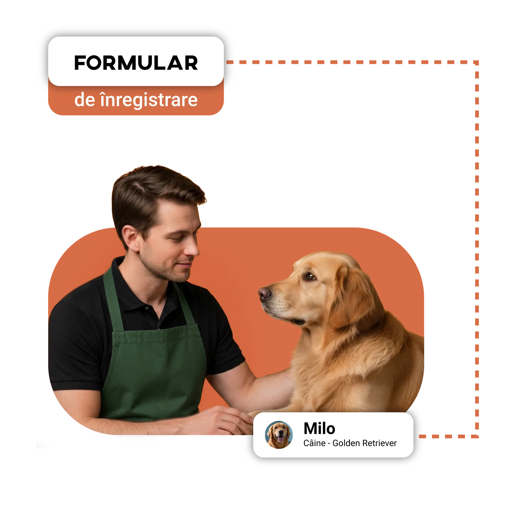 Toaletor alături de un Golden Retriever, lângă cardul unui formular digital de înregistrare