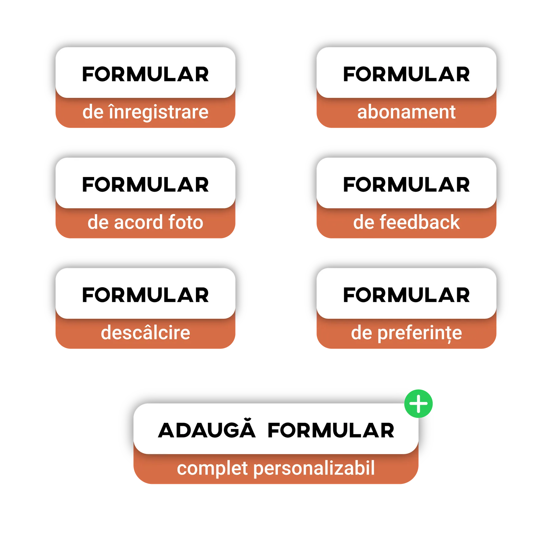 Grilă cu tipuri de formulare: înregistrare, abonament, acord foto, feedback, descâlcire și preferințe