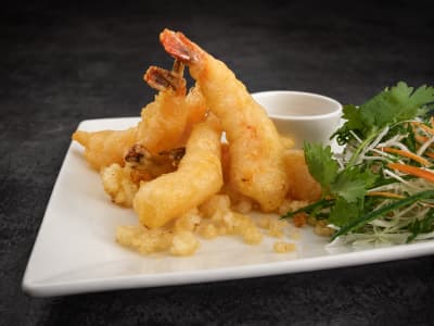 Xin Fried Tempura Prawns — light-batter Japanese-style tempura prawns with wasabi-mayo and tentsuyu