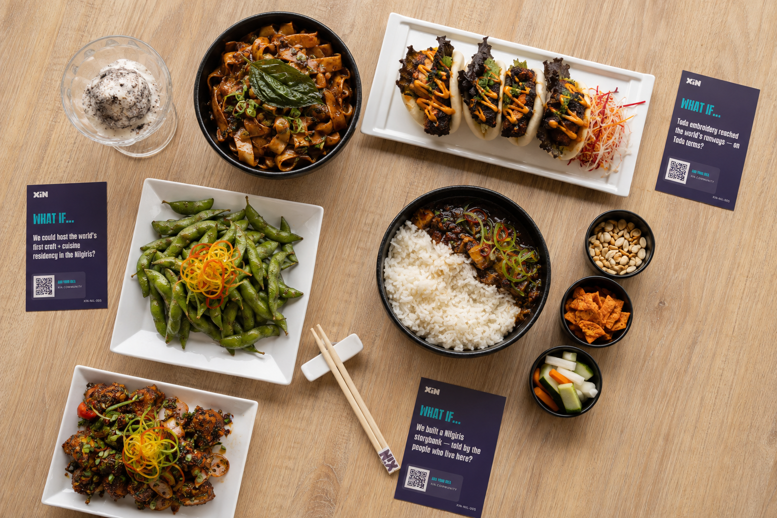 A top down shot of asian food served on a table