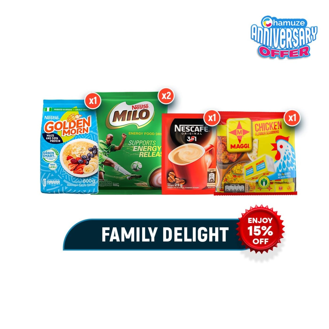 Family Delight - Milo 400g x2, Golden Morn 600g, Maggi Chicken Cube & Nescafe 3in1