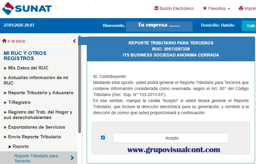 Reporte Tributario para Terceros sunat obtener crédito financiero