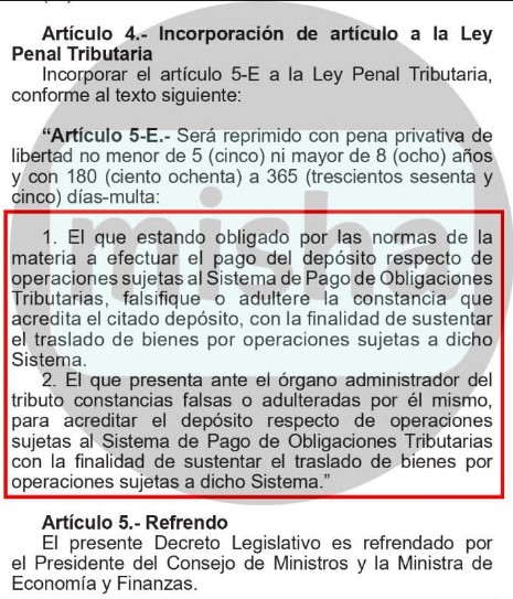 DECRETO LEGISLATIVO Nº 1716 (04.02.2026) Para la persona que presente, depositos falsos y/o adulterados de detracciones antes SUNAT, sanción de 5 años de cárcel - Imagen informativa 1