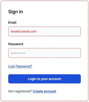 Sign in form with erroneous email and password fields indicated as red borders.