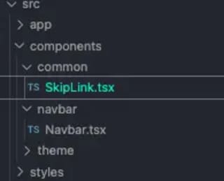Demonstration of the folder structure after creating a common directory for the SkipLink.tsx file.