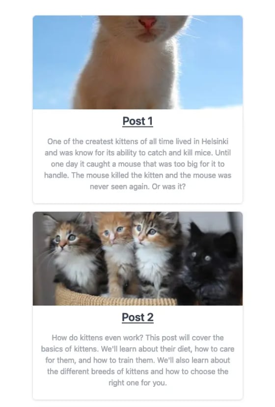 Articles stacked in one column for small devices. Each article has and image and excerpt text below.
