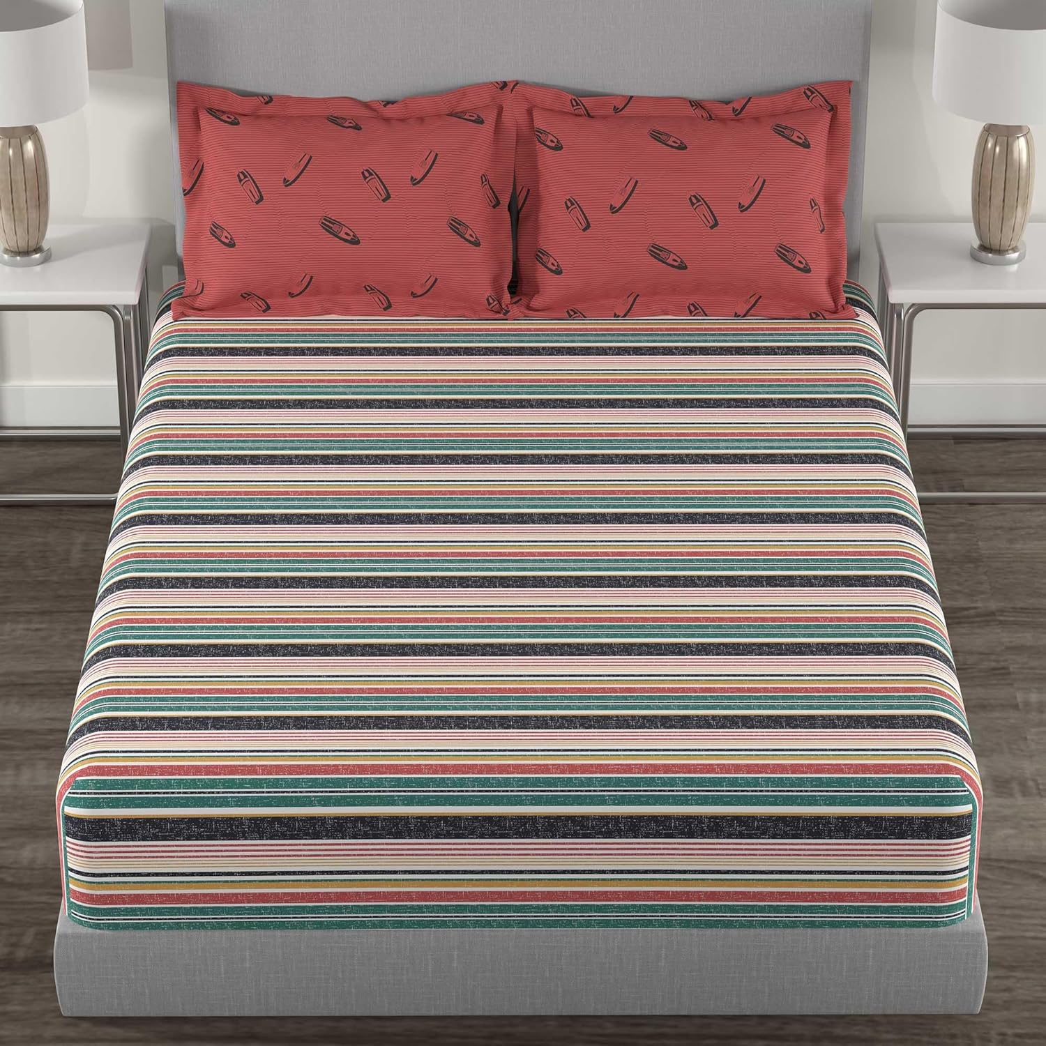 Trident bedsheet Set - Home, 100% Cotton, Bedsheet for Single Bed (1 Single Size Bedsheet with 2 Pillow Covers) Superior Softness, 144 Thread Count - Nautical Red alternate view