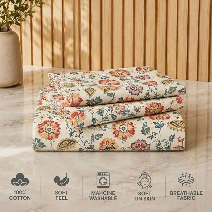 Welspun Zen Microfiber Floral Double Bedsheet with 2 Pillow Covers | Percale Bed Sheet | Skin Safe, Breathable & Easy Care Bedding Set | Gift Set | Cream | 220 x 240 Cm alternate view