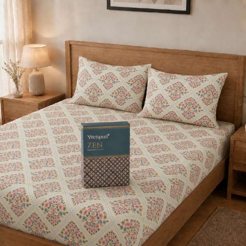 Welspun Zen Microfiber Floral Double Bedsheet with 2 Pillow Covers | Percale Bed Sheet | Skin Safe, Breathable & Easy Care Bedding Set | Gift Set | Cream | 220 x 240 Cm alternate view