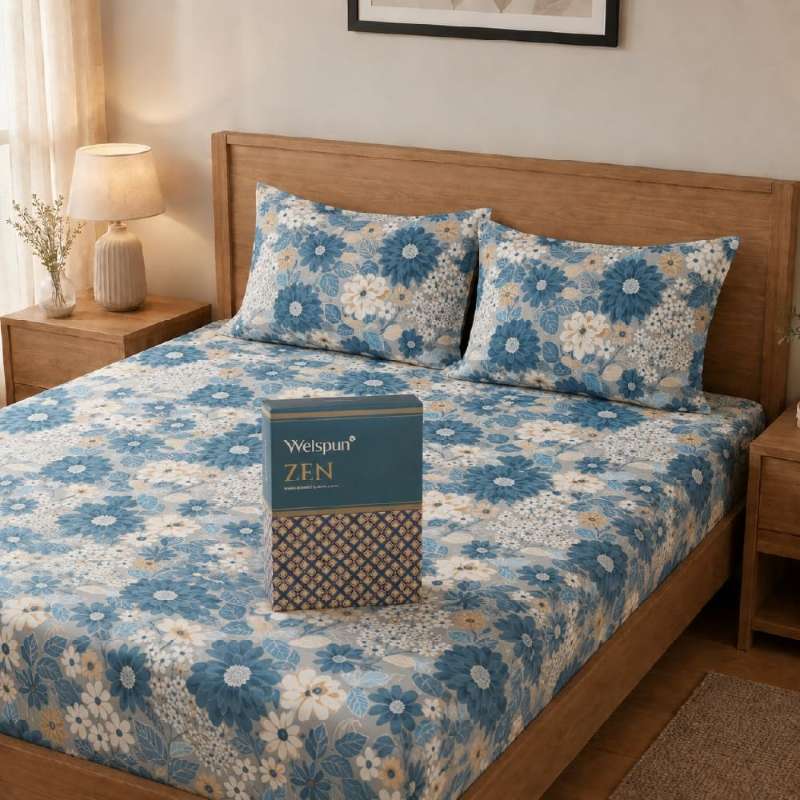 Welspun Zen Microfiber Floral Double Bedsheet with 2 Pillow Covers | Percale Bed Sheet | Skin Safe, Breathable & Easy Care Bedding Set | Gift Set | Blue | 220 x 240 Cm alternate view
