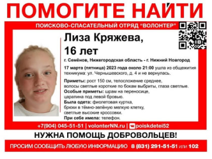16-летняя девушка пропала в Семенове 17 марта