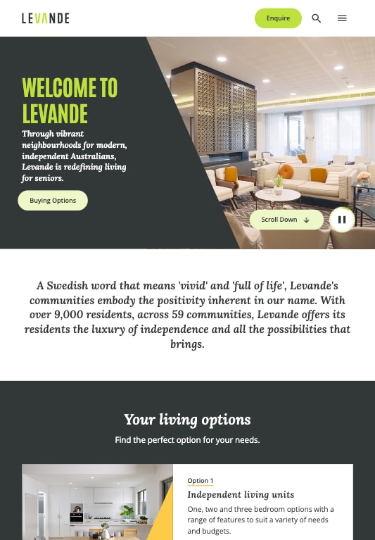 Screenshot of Levande homepage on tablet.