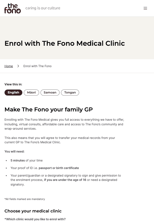 Screenshot of Enrolment form on tablet.
