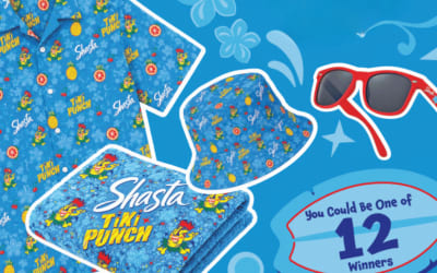 Enter daily for a chance to win a tropical Shasta Tiki Punch prize pack including a shirt, bucket hat, sunglasses, beach towel, and a free 12-pack coupon.