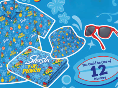 Enter daily for a chance to win a tropical Shasta Tiki Punch prize pack including a shirt, bucket hat, sunglasses, beach towel, and a free 12-pack coupon.