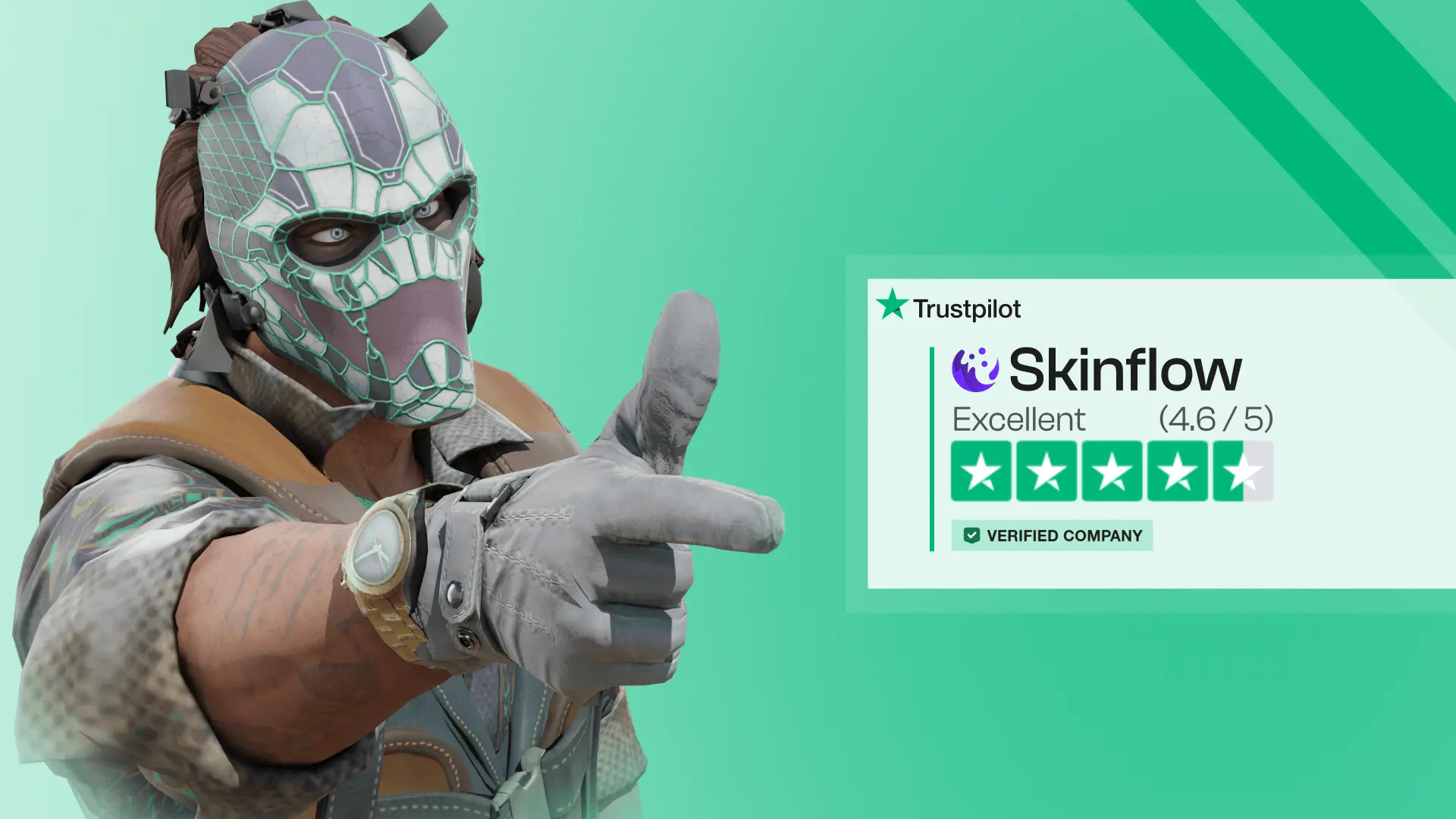Imagen de un agente de CS:GO señalando las estadísticas de Trustpilot de Skinflow