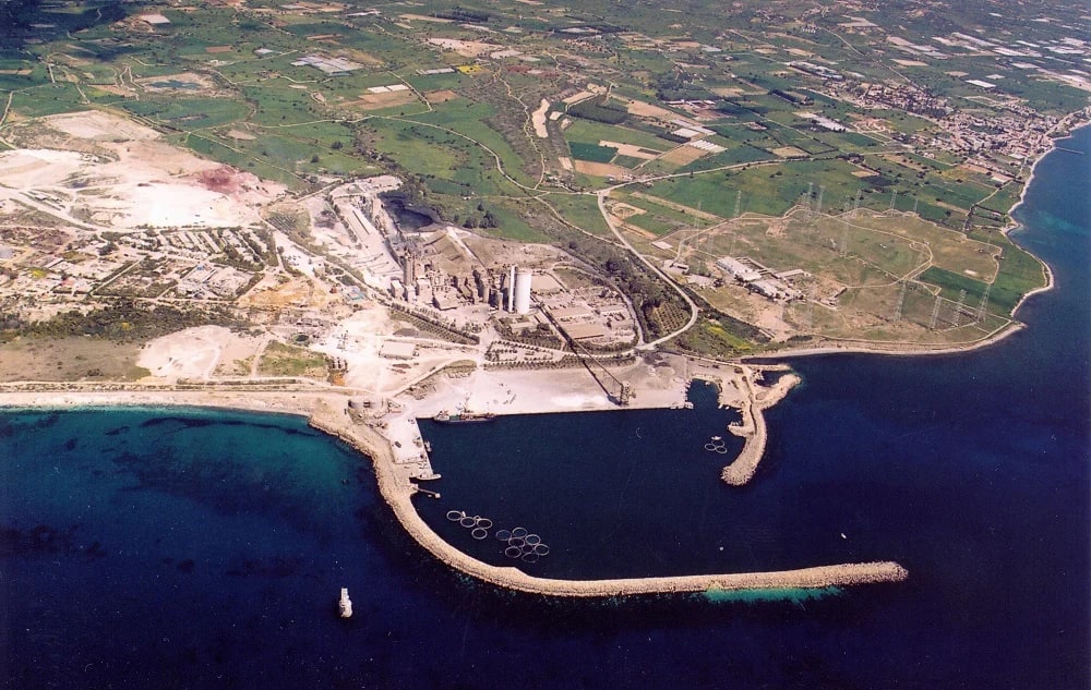 Aerial view of Vassiliko Port industrial harbor facility in Cyprus