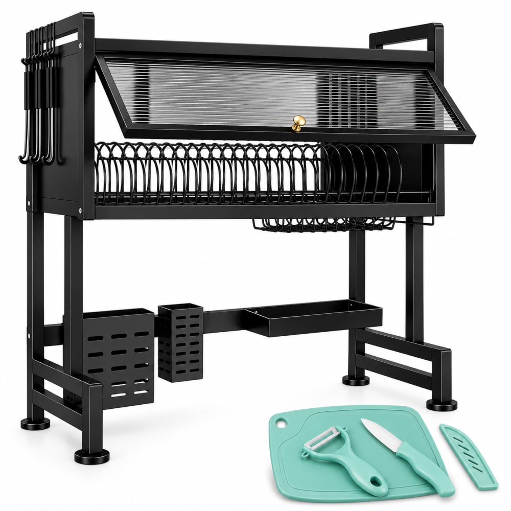 Escurridor de platos acero inoxidable 65 cm con tapa sobre lavaplatos, incluye tabla, cuchillo y pelador - imagen 1